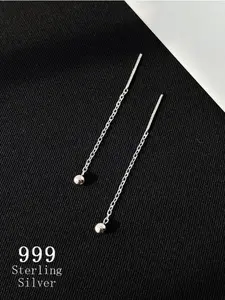 S999 Sterling Silver Round Bead Design Threader Earrings, Minimalist Line Earrings for Women, Trendy All-match & Exquisite Jewelry for Birthday Gift