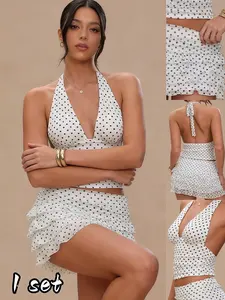 Women's Two-Piece Set, Polka Dot Print Halter Top and Ruffled Short Skirt, Sexy Slim-Fit for Daily Wear, Parties, Gatherings