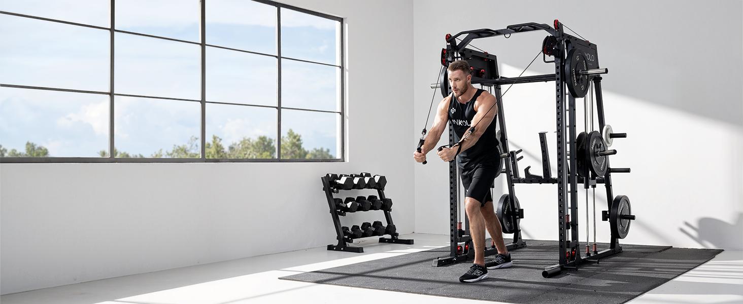 Smith Machine, 2200lbs Squat Rack with LAT-Pull Down System & Cable Crossover Machine, Training Equipment with Leg Hold-Down Attachment