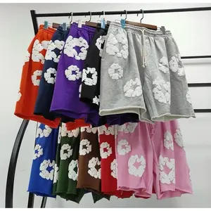 Quick-Dry High Waist Sport Casual Shorts & Unisex Flower Puff Print Hoodie Joggers Set - 3D Foam Print Youth Y2K Hip Hop Tracksuit - Design Workout Training Basketball Trendy Daily Short -  Streetwear Wreath Printed Jogging Running Set