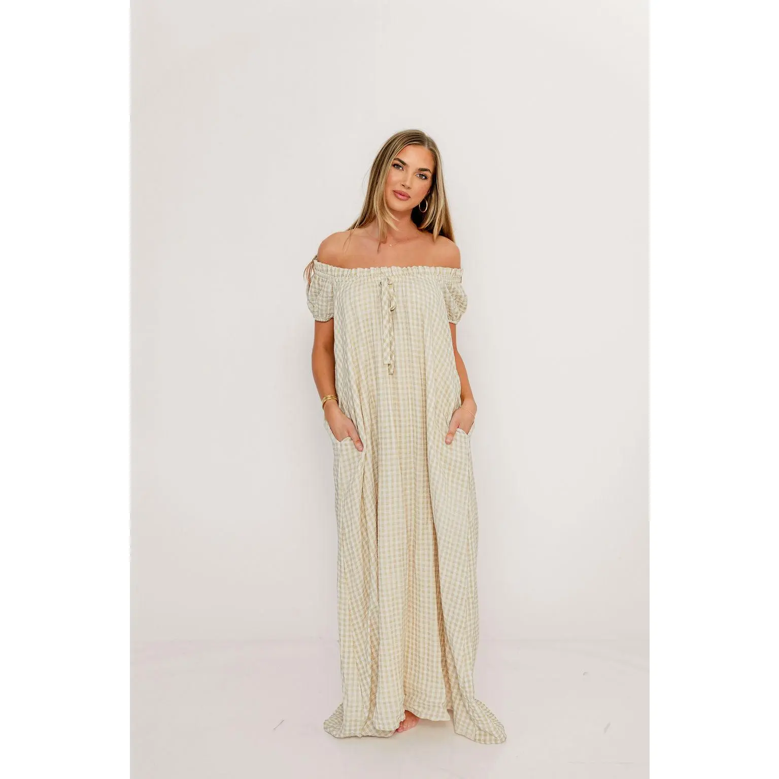 Ensley 100% Cotton Maxi Dress in Green Haze Plaid - Bump Friendly