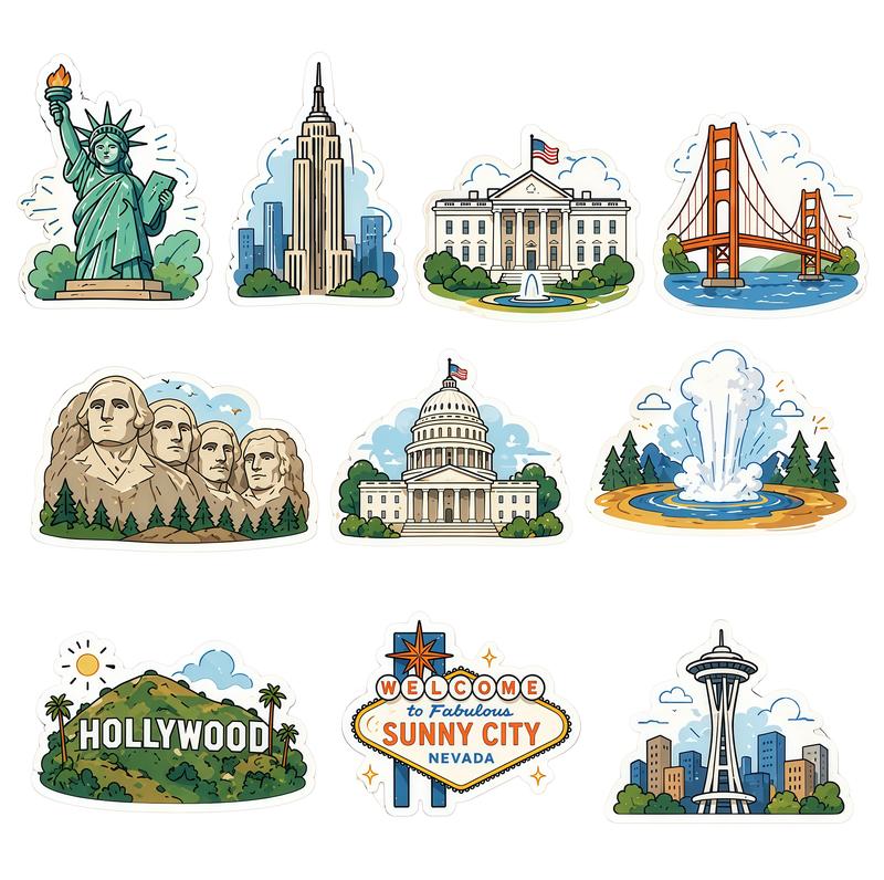Cartoon American Landmark Stickers, USA Famous Travel Landmarks Decal Set, Liberty Empire State White House Golden Gate Hollywood Vegas Mount Rushmore Decor Stickers