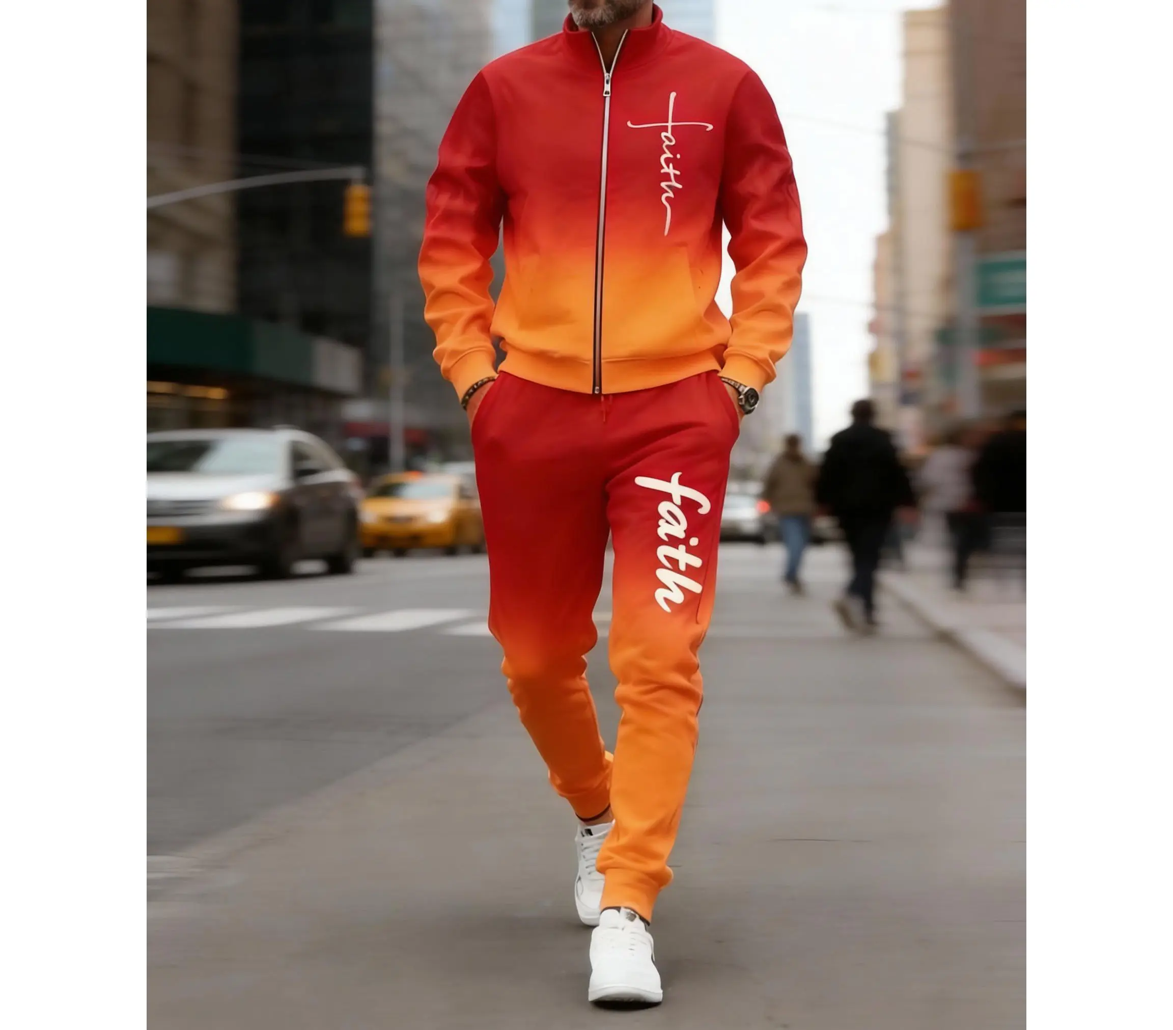 Men's Stylish Gradient Matching Set - Faith Cross Print Jacket & Pants for Casual/Walking Summer Clothing Set Long Sleeve