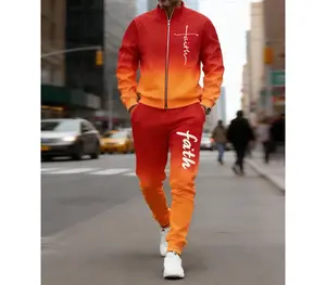 Men's Stylish Gradient Matching Set - Faith Cross Print Jacket & Pants for Casual/Walking Summer Clothing Set Long Sleeve