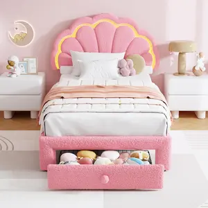 Princess LED Upholstered Bed Frame - Twin Size with Adjustable Headboard, Berber Fleece, Storage Drawer, Sturdy Wood Support, Easy Assembly, No Box Spring Needed