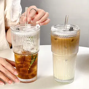 Thickened 20oz Ribbed Glass Tumbler Set, 6/8Pack Cups with Lids & Straws for Coffee, Juices, Cocktails and Smoothies