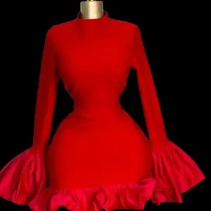 Red Long Sleeve Dress with Ruffled Hem and High Neckline for Women