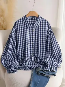 Elegant Plaid Collared Long Sleeve Shirt for Women, Casual Loose-Fitting Blouse, Spring & Fall Fashion, New Arrival