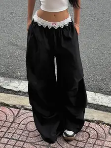 Women's Colorblock Patchwork Bow Front Contrast Lace Cargo Pants, Fashion Casual Pocket Trousers for Fall & Winter, Women's Bottoms for Daily Wear