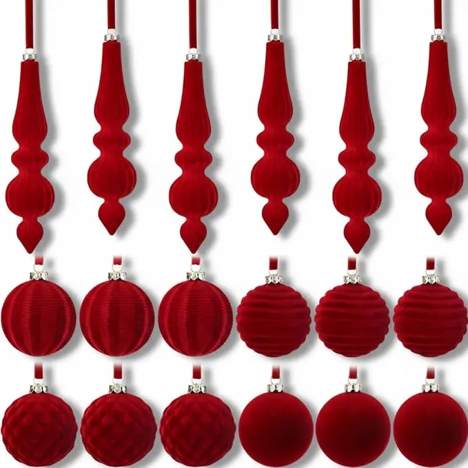 Velvet Christmas Ball Ornaments Flocked Finial Christmas Tree Decorations Shatterproof Assorted Hanging Xmas Tree Ball Decorations for Xmas Holiday Decor