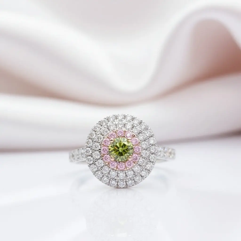 14k Two Tone Gold Peridot Three Halo Engagement Ring