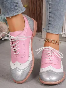 Women's Fashion Oxford Shoes, Silver Colorblock Design, Handcrafted Floral Carving, Vintage & Trendy Slip-On Sneakers