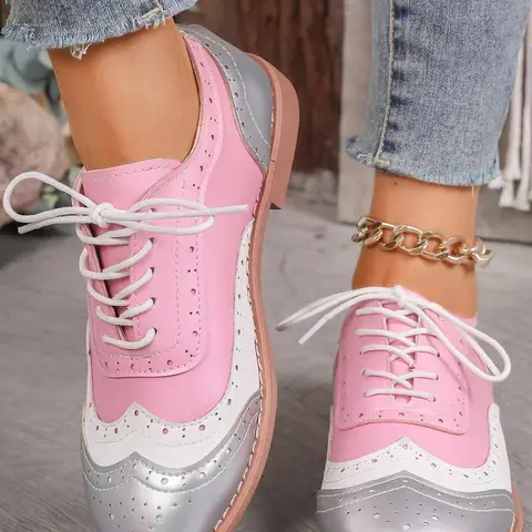 Women's Fashion Casual Oxford Shoes, Silver Colorblock Design, Lace, Handcrafted Floral Carving, Vintage & Trendy Slip-On Sneakers, Rubber, Soled Shoes