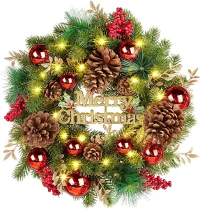 Christmas Wreath Light 16 Inch Christmas Front Door Wreath with Festive Holidays Decor for Indoor & Outdoor Fireplace Window Decor Ornaments Decoration Artificial Christmas Wreath for Front Door, Window, Fireplaces