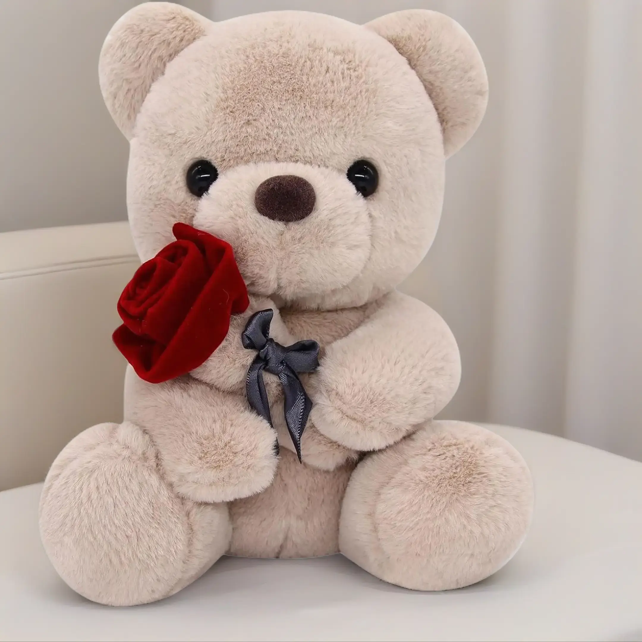 LSYDCARM 9-inch Soft Fluffy Kawaii Teddy Bear Plush with Rose - Colorfast Home Decor Statue Figurine, GF Gift for Anniversaries, Thoughtful Present for Girlfriend