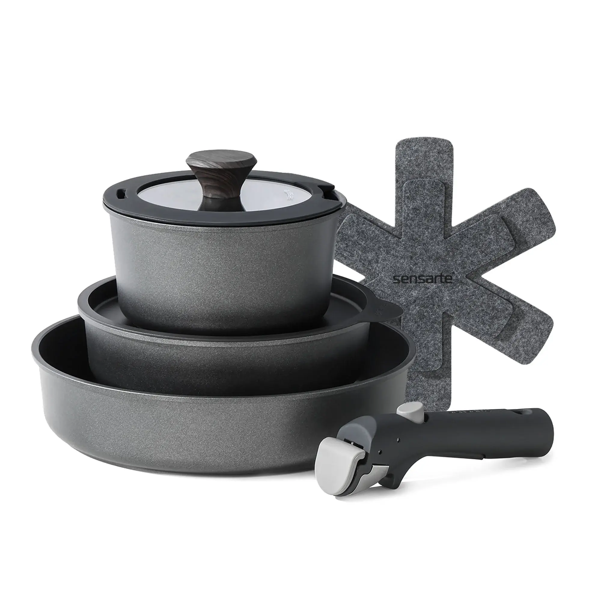 SENSARTE 8-Piece Nonstick Pots and Pans Set with Removable Handle, Black Healthy Cookware Sets, Induction Compatible, DishwasherOven Safe, Healthy Cooking Set for RV & Camping