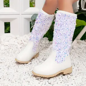 New Fashion Sequined Girls' Princess Boots, Cute Round-Toe Long Boots with Lining, Warm-Top Riding Boots Little Girls