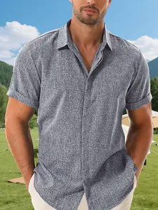 Men's Summer Fashion Party Invisible Button Shirt, Dusty Blue Casual Short Sleeve Top, Loose Outdoor Style, Ideal for Camping Weddings Parties