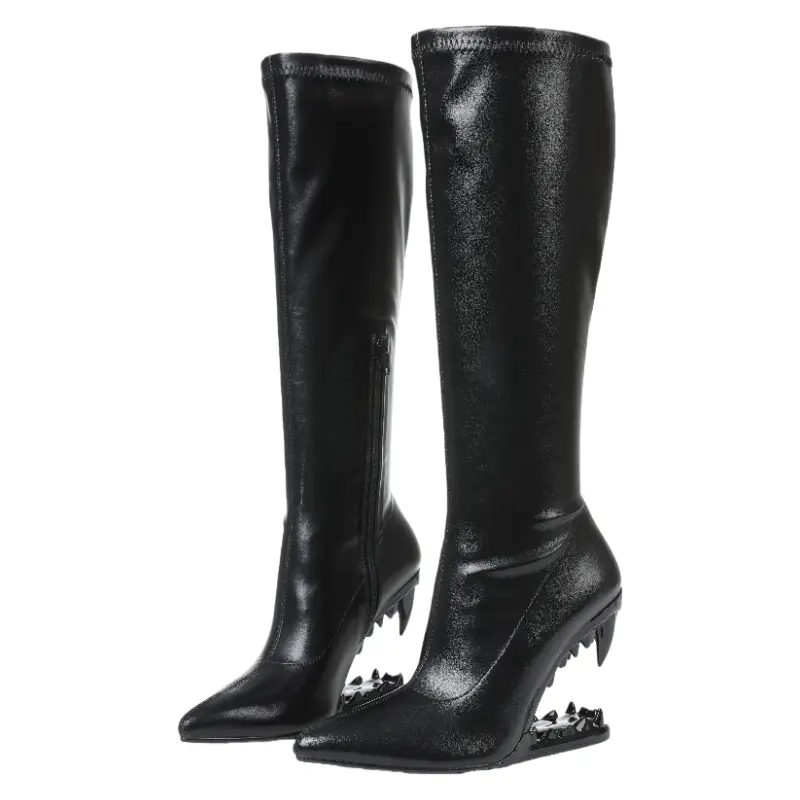 Women's Black Knee-High Boots, Gothic Punk Footwear with a Pointy Toe, Metallic Teeth Wedge Heel & Side Zipper - Alternative Style for Parties, Black Wedge Bootie, Pointy Toe Boot, Party, Statement Shoes