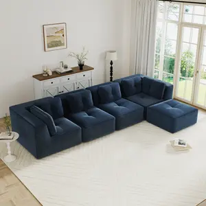 Eyisean 152" Corduroy Modern Modular Sectional Sofa, Comfy Boneless Couch with Non-Slip Base & Deep Seat, Oversized Tufted Design Sofa with Pearl-Like Piping & Ottoman, No Assembly for Living Room