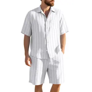 Top Menswear Men's 2-Piece Linen Striped Jacquard Set - Shortsleeve Shirt, Long Pants, Breathable Linen Fabric, Casual Beach Wear
