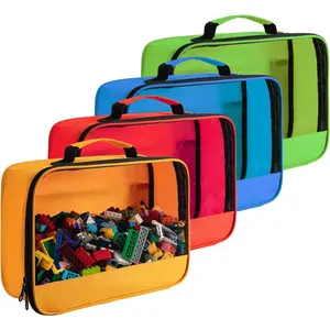 4pcs Heavy-Duty Zipper Storage Bag - Clear, for Building Blocks, Travel, Beach, Office, School - Organizer with Zipper Closure - Red, Blue, Green, Orange - Portable Organizer, Office Supplies, Clear Panel Design