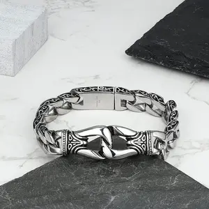GTHIC Retro Polished Pattern Punk Stainless Steel Bracelet for Men Gothic Jewelry Daily Wear