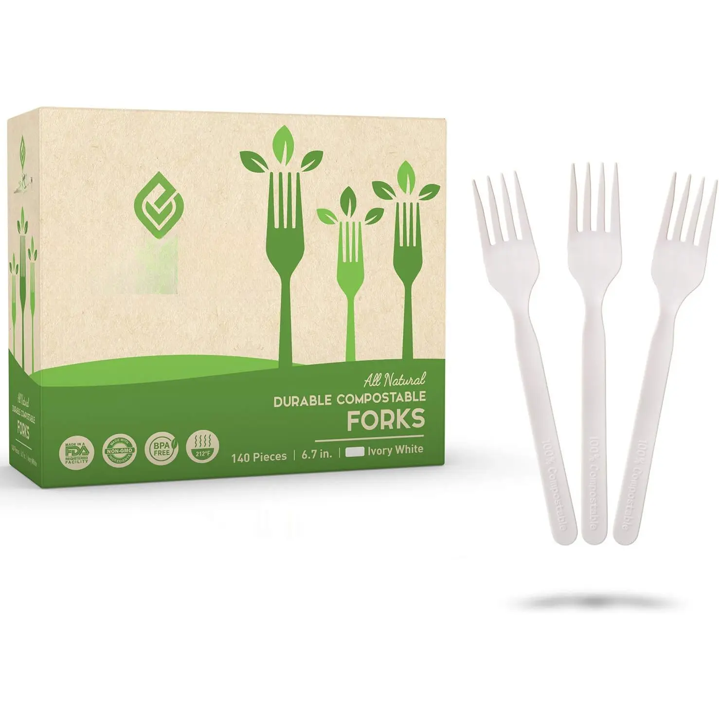 Compostable Forks - 140 Large Disposable Utensils (7 in.)  Durable and Heat Resistant Alternative to Plastic Forks with Convenient Tray by