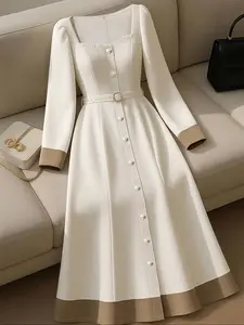 Women's High-End Formal Fall Winter Dress, Elegant Chic Square Neck Long Dress with Waist Belt, Colorblock Design, Fitted Minimalist Style