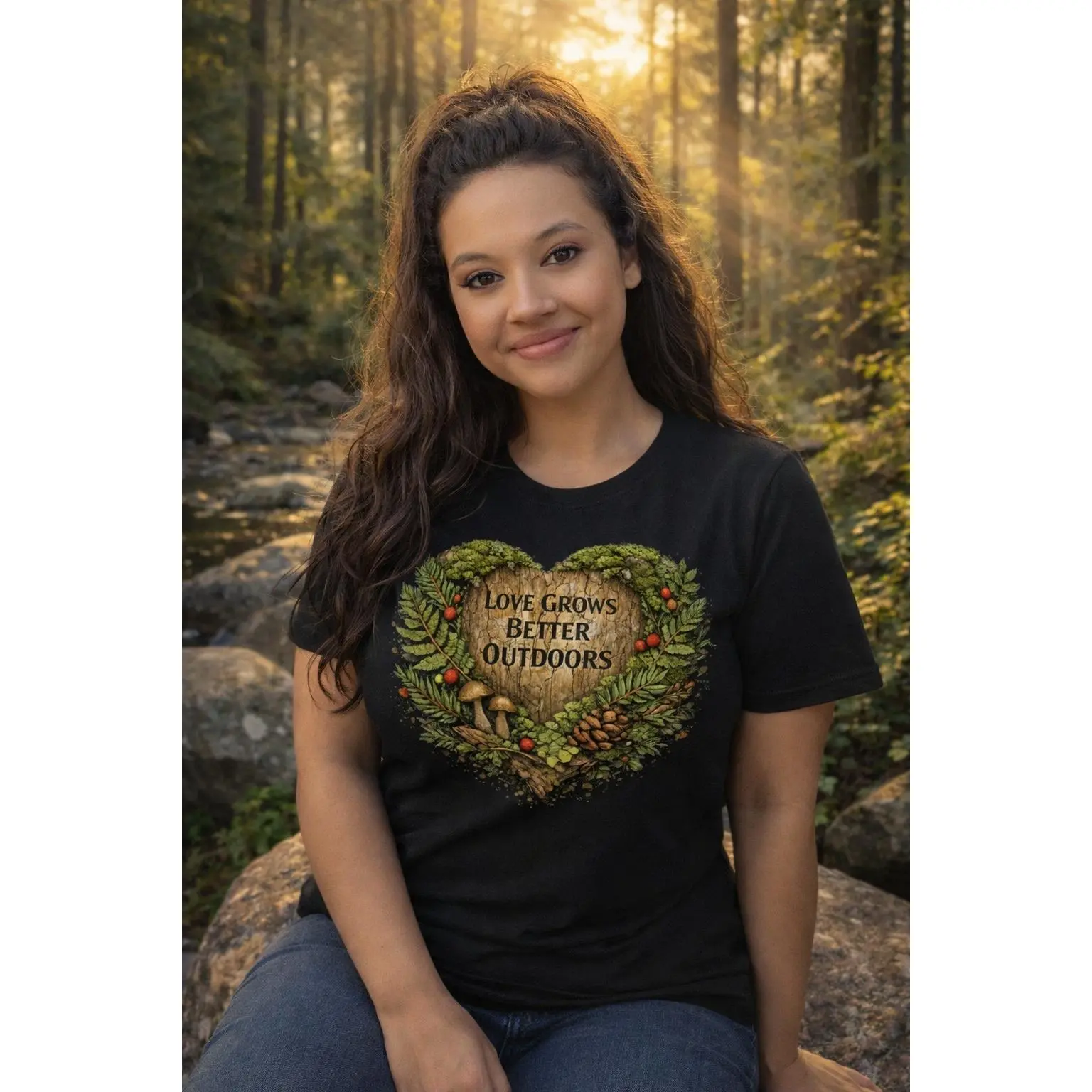 Love Grows Better Outdoors T-shirt | Heart Wreath Nature Mushrooms Ferns