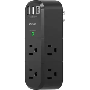 USB Outlet Extender Surge Protector - with Rotating Plug, 1800 Joules, 6 AC Multi Outlet and 3 USB Ports (1 USB C), 3-Sided Swivel Power Strip with Spaced Splitter for Home, Office, Travel