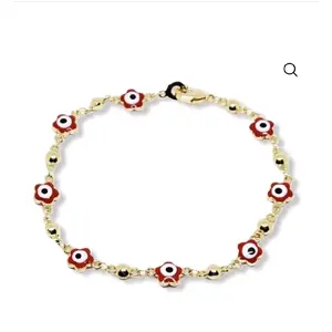 Gold-Tone Evil Eye Bracelet with Red Enamel Flowers and Beaded Chain for Women
