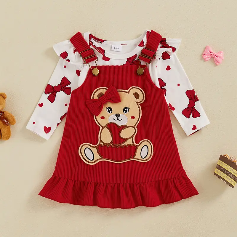 Baby Girls Easter Outfit Egg/Bow Print Rompers and Bunny/Bear Suspender Dress Set Summer Cute Clothes