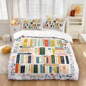 Aesthetic Bookworm Duvet Cover Set, Soft Breathable Microfiber Bedding, Colorful Bookshelf Flower Print Comforter Cover, Bedroom Decor, Perfect Gift for Book Enthusiasts, Includes 1 Quilt Cover & 1-2 Pillowcase