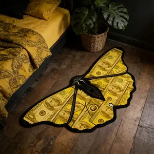 Irregular Shape Bedside Rug, American Street Style Gold Dollar Print Carpet, Butterfly Shaped Non-Slip Washable Mat, Home Decor