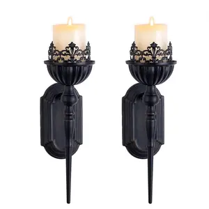 Wall sconce candle holder set of 2 black crown and scepter design wallmount metal candle holders hanging iron wall candle sconce holder for living room bathroom dining room