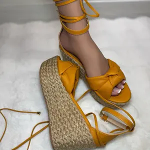 SN Yellow Ankle Strap Wedge Sandals with Bow Detail and Espadrille Sole for Women