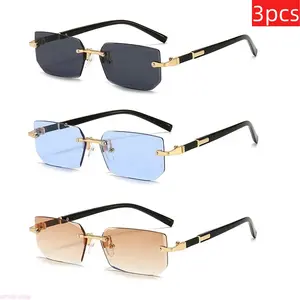 Unisex 3-Pack Rimless Rectangle Sunglasses, Small Square Fashion Shades, Rectangle Glasses, Unisex Fashionable Glasses for Summer Beach & Daily Outdoor Occasions fathersdaygift