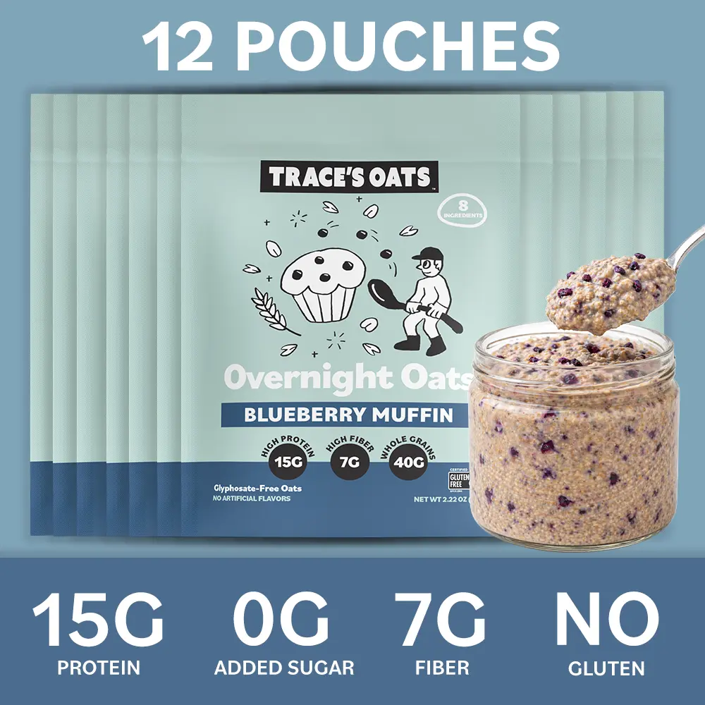 Blueberry Muffin Overnight Oats – Trace's Oats, 12 Pack, 15g Protein, 0g Added Sugar, Gluten Free | High Protein Breakfast