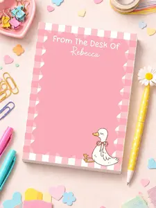 Personalized Goose Notepad | Custom Name 5x7 Memo Pad | 50 Page Cute Pink Gingham Stationery Blank Paper Journal Student Stationary