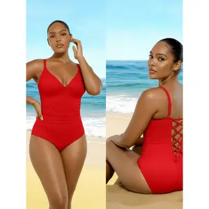 2026 Structured Red One-Piece - Plunge V-Neck, Targeted Ruched Fabric, Adjustable Straps, Back Lace-Up, Versatile Pool & Beach Outfit