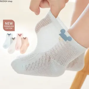 Infant Toddler Baby Mickey Mesh Ankle Socks - Ultra Soft Cotton Prewalker Socks with Mickey Ear Patch, Breathable Thin Non-Slip Grip for Summer Crawling & Daily Play