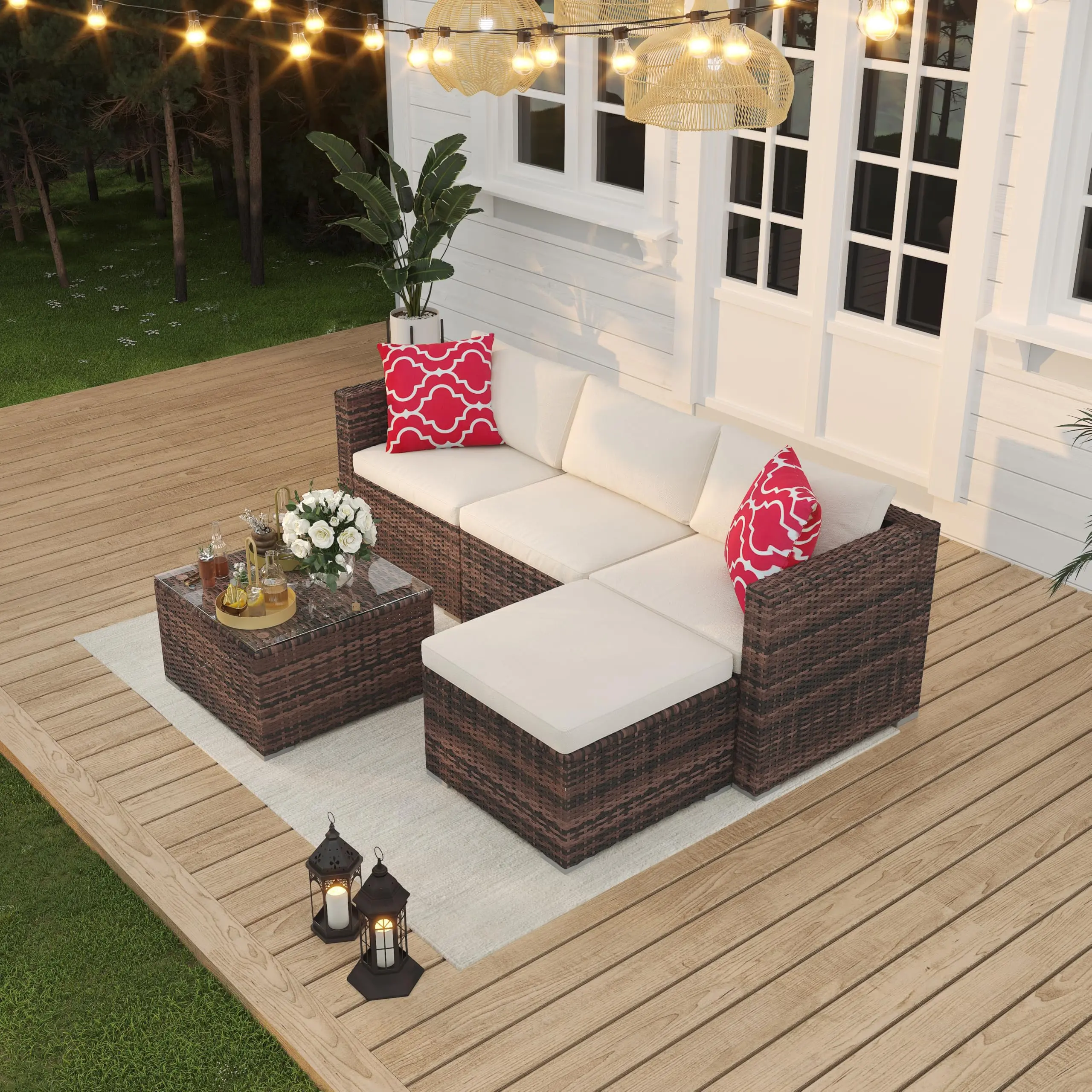 5 Piece Outdoor Patio Furniture Set, PE Rattan Patio Conversation Sets, All-Weather Wicker Outside Sofa Set with Thick Cushions,  Bistro Sets w/ Coffee Table for Garden, Pool, Backyard, Lawn