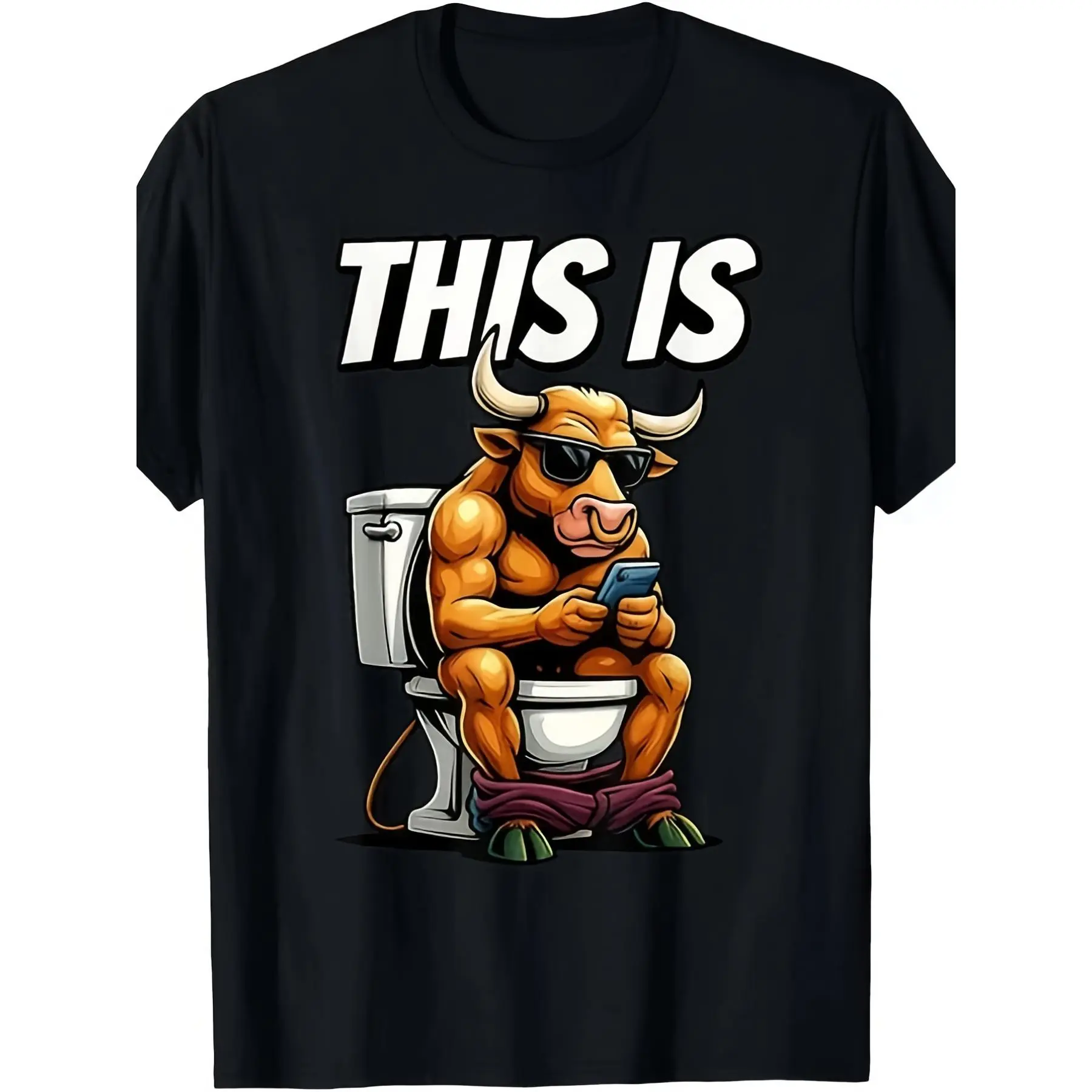 Funny "Bull On Toilet This Is Bullshit" Sarcastic Graphic T-Shirt | Retro Humor Unisex Tee with Bull Design, Comfortable Casual Wear for Men, Short Sleeve Round Neck Shirt for Parties, Office and Everyday Use