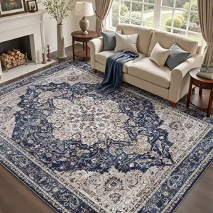Vintage Medallion Rug, Retro Distressed Design, Washable Non-Slip Area Rug, Farmhouse Aesthetic Home Decor for Living Room, Bedroom, Summervibes