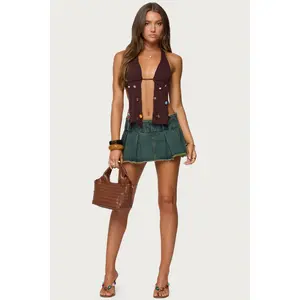 Frayed Pleated Denim Mini Skort