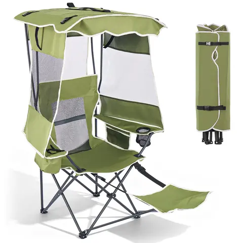 ABORON Sturdy Wide Folding Camping Chair - Anti-Skid 55.9x47.2x37.9 in Outdoor Furniture, Adjustable Sunshade Canopy, Breathable Mesh Back, Cooling Oxford Fabric, Built-in Cooler Armrest, Cup Holder, Recline Support for Beach, Camps