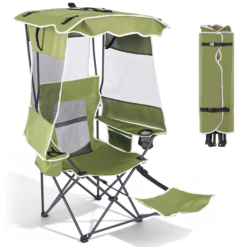 ABORON Sturdy Wide Folding Camping Chair - Anti-Skid 55.9x47.2x37.9 in Outdoor Furniture, Adjustable Sunshade Canopy, Breathable Mesh Back, Cooling Oxford Fabric, Built-in Cooler Armrest, Cup Holder, Recline Support for Beach, Camps