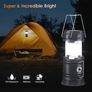 Foldable portable LED camping light, lightweight waterproof solar USB rechargeable flashlight, suitable for indoor/outdoor home emergency lighting, power outage hiking hurricane 4-pack, foldable portable lights (black, 4-pack)