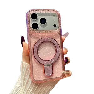 Glam Luxury Bling Diamond Encrusted Magnetic Stand Phone Case, Glitter Shimmer Pure Color Cover, Thickened TPU Shockproof Anti-Drop Anti-Scratch Shell, Elegant Feminine Slim Hand Feel Case Compatible with iPhone 12 13 14 15 16 17 Pro Max